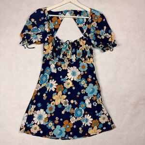 For Love & Lemons Womens Floral Print Puff Sleeve Cutout Mini Dress Size XS Blue